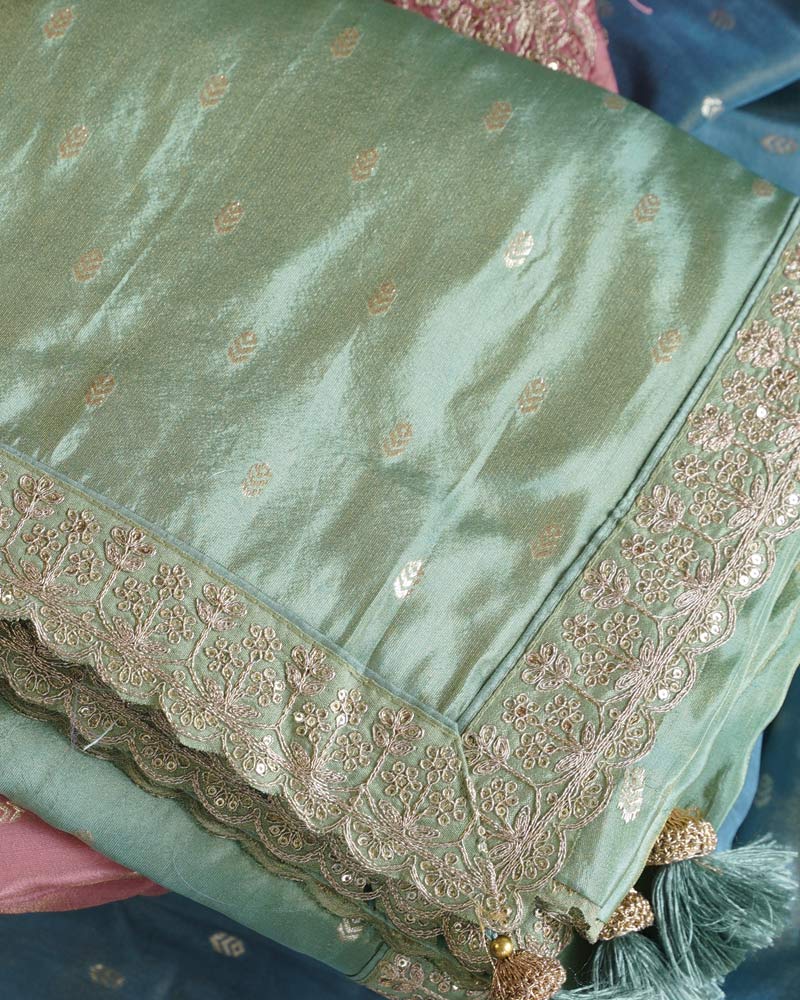 Vishal Prints Pista Green Designer Fancy Chiffon Saree With Viscose Weaving And Zari-Embroidery Border