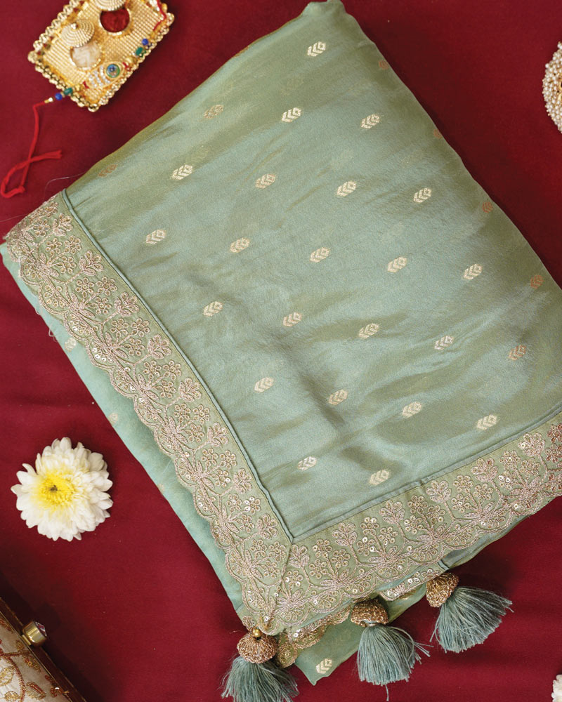 Vishal Prints Pista Green Designer Fancy Chiffon Saree With Viscose Weaving And Zari-Embroidery Border