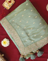 Vishal Prints Pista Green Designer Fancy Chiffon Saree With Viscose Weaving And Zari-Embroidery Border