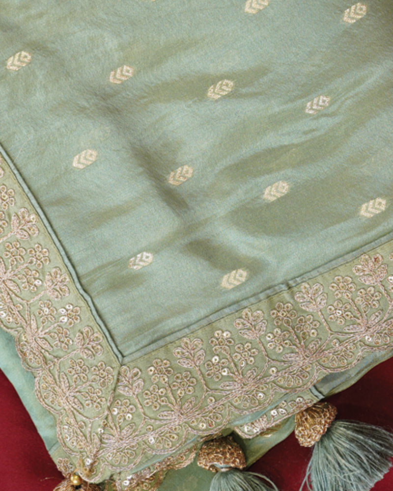 Vishal Prints Pista Green Designer Fancy Chiffon Saree With Viscose Weaving And Zari-Embroidery Border