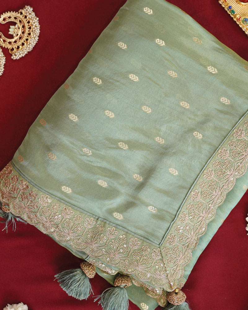 Vishal Prints Pista Green Designer Fancy Chiffon Saree With Viscose Weaving And Zari-Embroidery Border