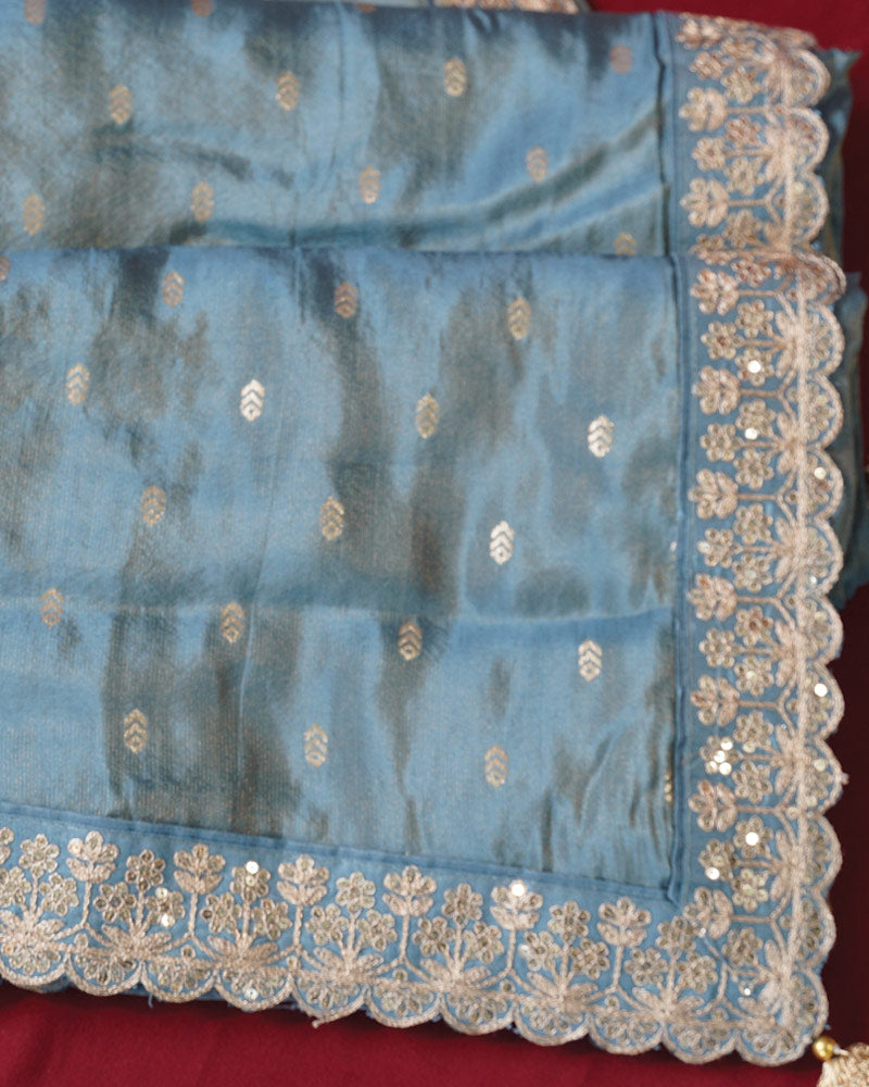 Vishal Prints Pastel Blue Designer Fancy Chiffon Saree With Viscose Weaving And Zari-Embroidery Border