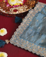 Vishal Prints Pastel Blue Designer Fancy Chiffon Saree With Viscose Weaving And Zari-Embroidery Border