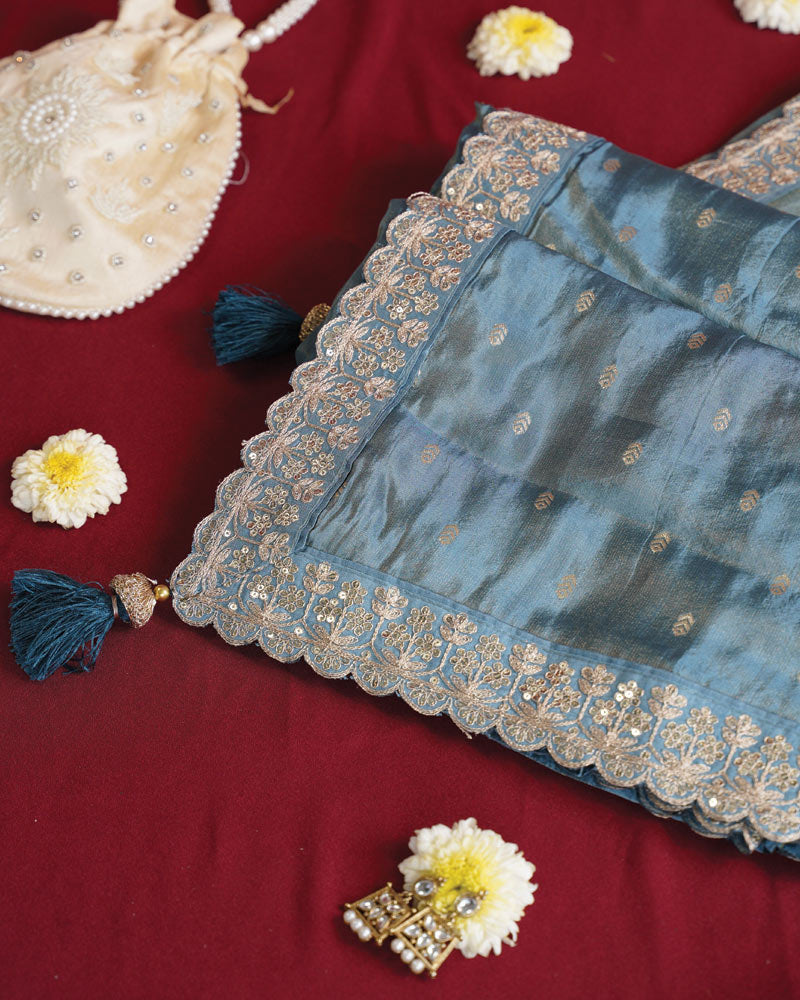 Vishal Prints Pastel Blue Designer Fancy Chiffon Saree With Viscose Weaving And Zari-Embroidery Border