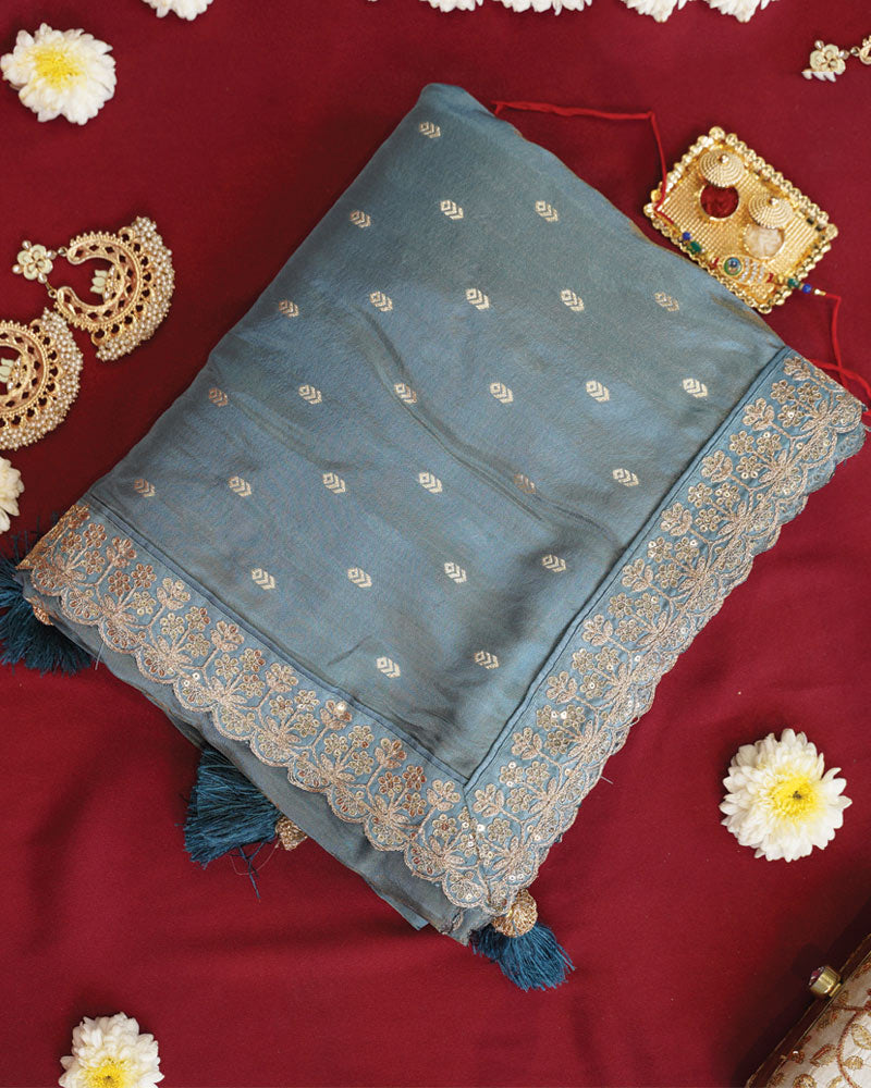 Vishal Prints Pastel Blue Designer Fancy Chiffon Saree With Viscose Weaving And Zari-Embroidery Border
