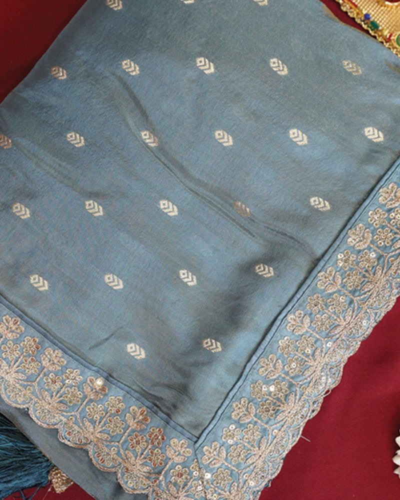 Vishal Prints Pastel Blue Designer Fancy Chiffon Saree With Viscose Weaving And Zari-Embroidery Border