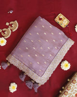 Vishal Prints Pastel Lavender Designer Fancy Chiffon Saree With Viscose Weaving And Zari-Embroidery Border