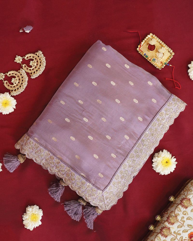 Vishal Prints Pastel Lavender Designer Fancy Chiffon Saree With Viscose Weaving And Zari-Embroidery Border