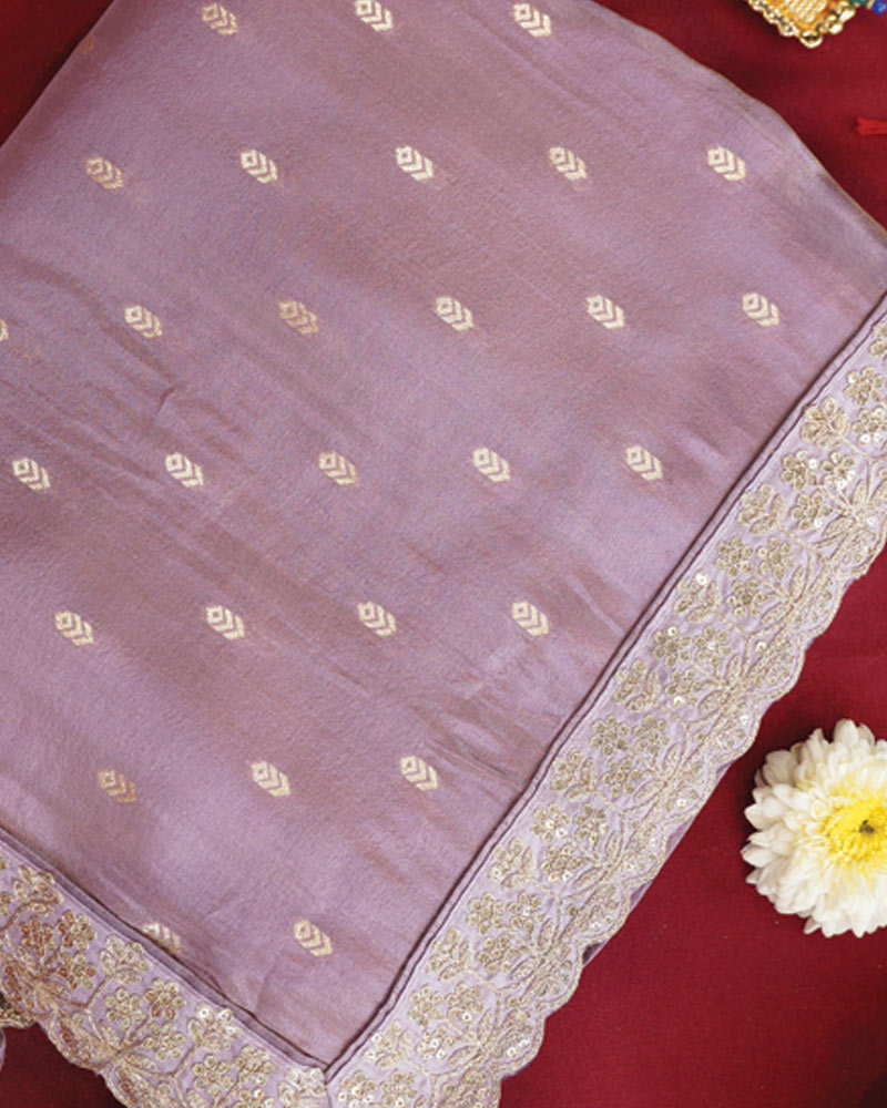 Vishal Prints Pastel Lavender Designer Fancy Chiffon Saree With Viscose Weaving And Zari-Embroidery Border