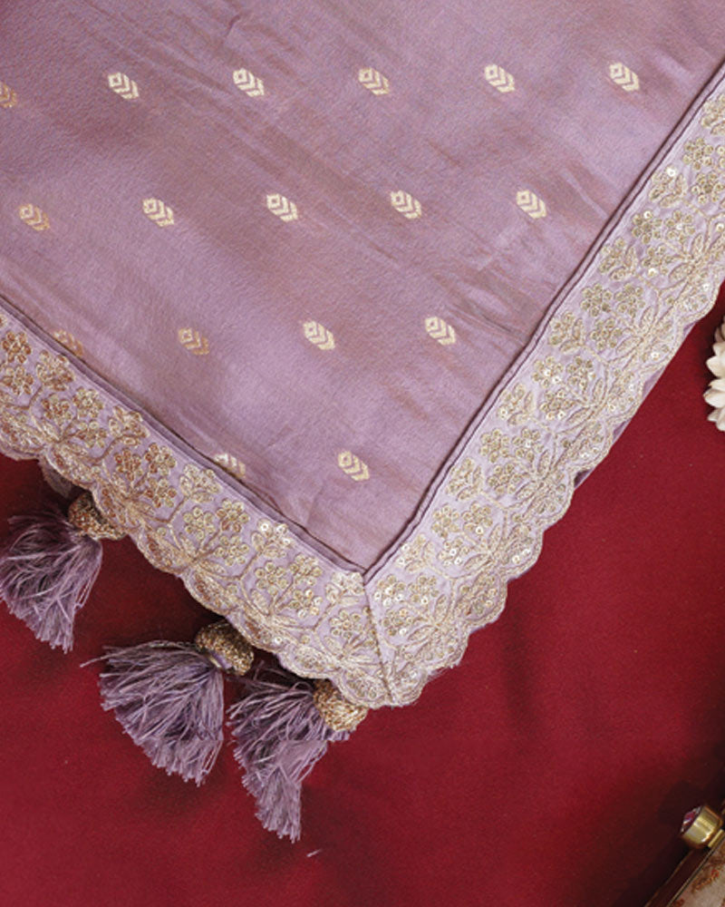 Vishal Prints Pastel Lavender Designer Fancy Chiffon Saree With Viscose Weaving And Zari-Embroidery Border