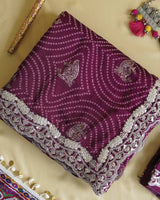 Wine Berry Designer Raw Silk Traditional Print Saree With Foil Print And Gota Patti Embroidery Work Border