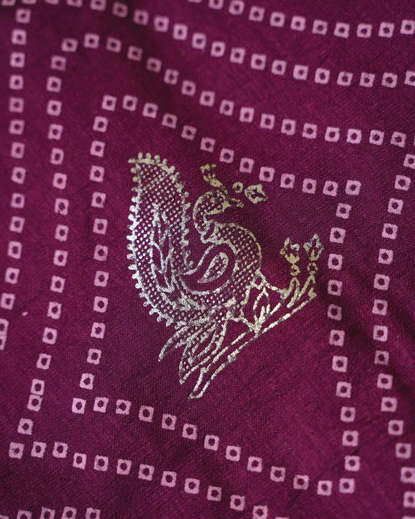 Wine Berry Designer Raw Silk Traditional Print Saree With Foil Print And Gota Patti Embroidery Work Border