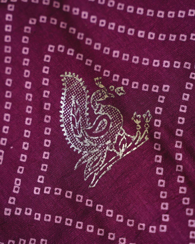 Wine Berry Designer Raw Silk Traditional Print Saree With Foil Print And Gota Patti Embroidery Work Border