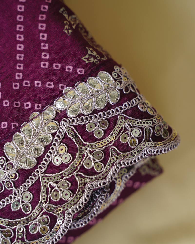 Wine Berry Designer Raw Silk Traditional Print Saree With Foil Print And Gota Patti Embroidery Work Border