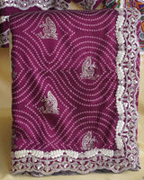 Wine Berry Designer Raw Silk Traditional Print Saree With Foil Print And Gota Patti Embroidery Work Border