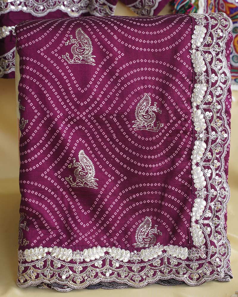 Wine Berry Designer Raw Silk Traditional Print Saree With Foil Print And Gota Patti Embroidery Work Border
