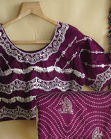 Wine Berry Designer Raw Silk Traditional Print Saree With Foil Print And Gota Patti Embroidery Work Border