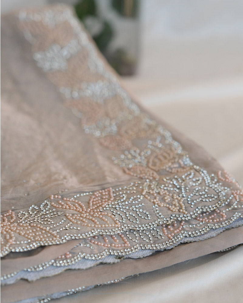 Vishal Prints Dusty Brown Fancy Satin Saree With Diamond And Moti Work And Cut Work Border