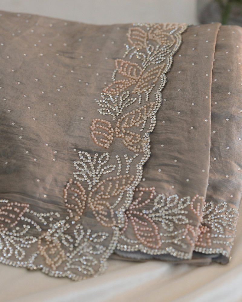 Vishal Prints Dusty Brown Fancy Satin Saree With Diamond And Moti Work And Cut Work Border