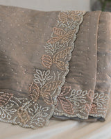 Vishal Prints Dusty Brown Fancy Satin Saree With Diamond And Moti Work And Cut Work Border