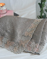 Vishal Prints Dusty Brown Fancy Satin Saree With Diamond And Moti Work And Cut Work Border