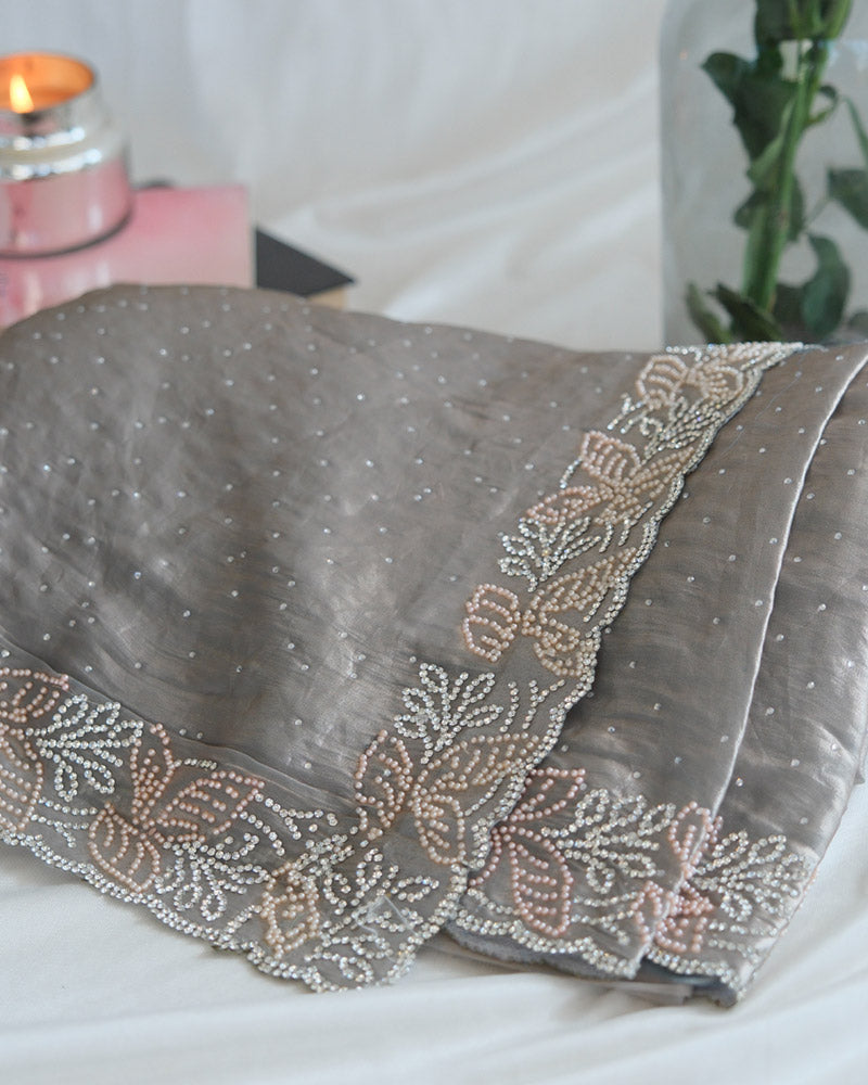 Vishal Prints Dusty Brown Fancy Satin Saree With Diamond And Moti Work And Cut Work Border