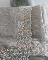 Vishal Prints Dusty Brown Fancy Satin Saree With Diamond And Moti Work And Cut Work Border