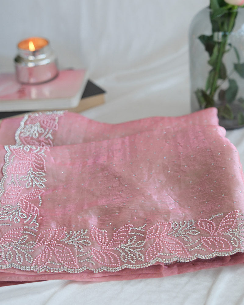 Vishal Prints Rose Pink Fancy Satin Saree With Diamond And Moti Work And Cut Work Border