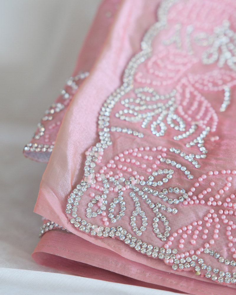 Vishal Prints Rose Pink Fancy Satin Saree With Diamond And Moti Work And Cut Work Border