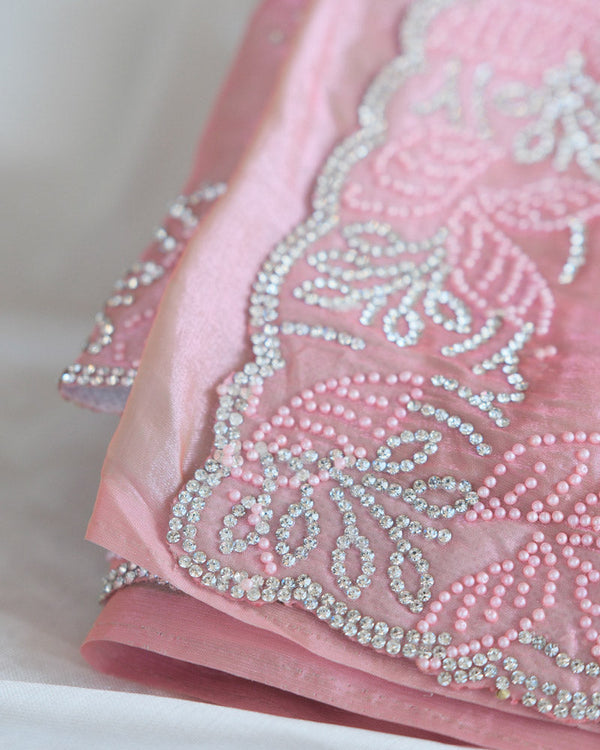 Vishal Prints Rose Pink Fancy Satin Saree With Diamond And Moti Work And Cut Work Border