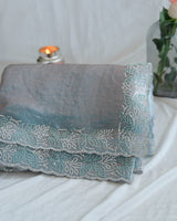 Vishal Prints Dusty Blue Fancy Satin Saree With Diamond And Moti Work And Cut Work Border