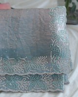 Vishal Prints Dusty Blue Fancy Satin Saree With Diamond And Moti Work And Cut Work Border