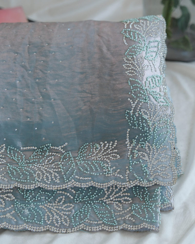 Vishal Prints Dusty Blue Fancy Satin Saree With Diamond And Moti Work And Cut Work Border