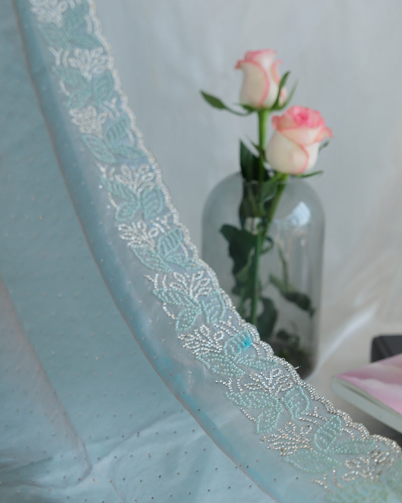 Vishal Prints Dusty Blue Fancy Satin Saree With Diamond And Moti Work And Cut Work Border