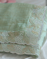 Vishal Prints Pastel Pista Green Fancy Satin Saree With Diamond And Moti Work And Cut Work Border