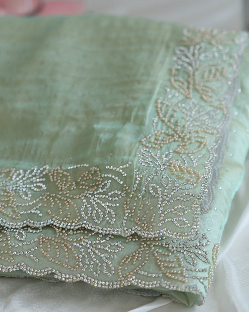 Vishal Prints Pastel Pista Green Fancy Satin Saree With Diamond And Moti Work And Cut Work Border