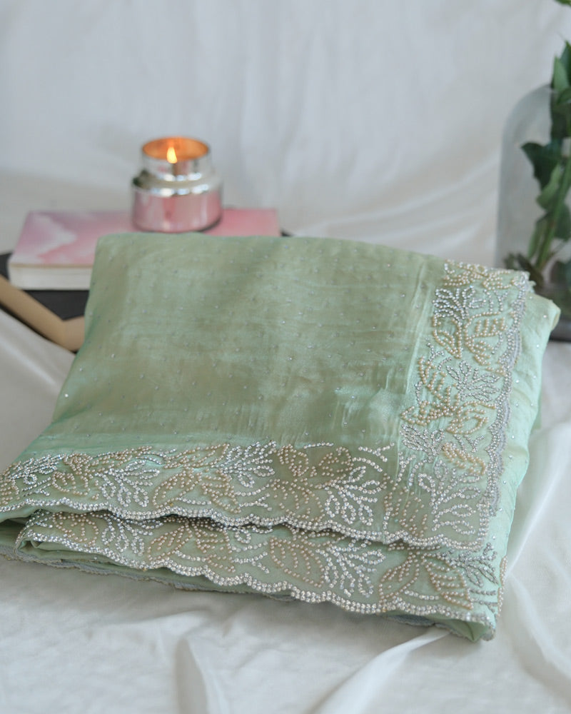 Vishal Prints Pastel Pista Green Fancy Satin Saree With Diamond And Moti Work And Cut Work Border