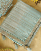 Light Persian Green Tissue Organza Saree With Zari Lining And Cut Work Zari-Embroidery Border