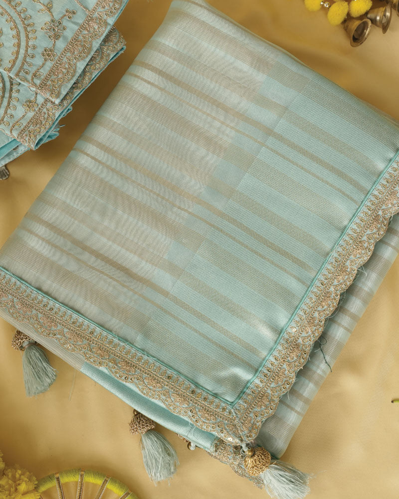 Light Persian Green Tissue Organza Saree With Zari Lining And Cut Work Zari-Embroidery Border