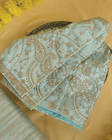 Light Persian Green Tissue Organza Saree With Zari Lining And Cut Work Zari-Embroidery Border