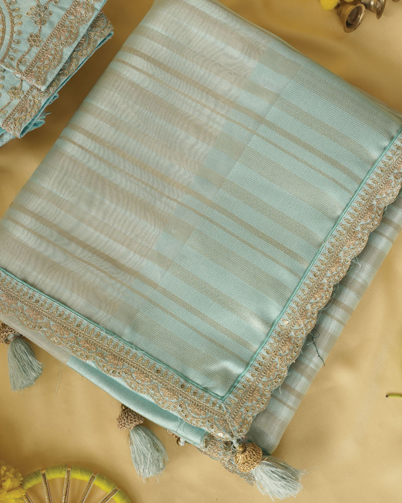 Light Persian Green Tissue Organza Saree With Zari Lining And Cut Work Zari-Embroidery Border