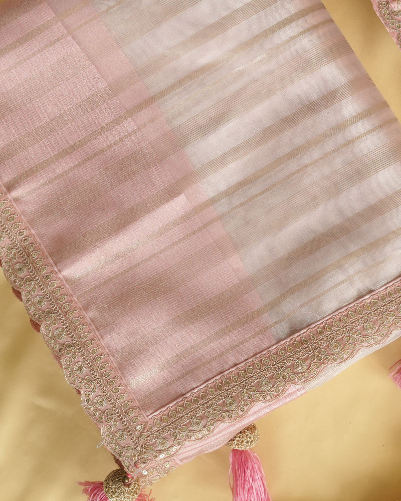 Pinkish Tan Tissue Organza Saree With Zari Lining And Cut Work Zari-Embroidery Border