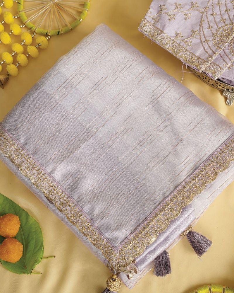Light Pastel Purple Tissue Organza Saree With Zari Lining And Cut Work Zari-Embroidery Border