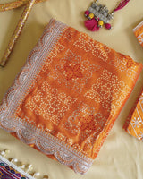Persian Orange Designer Raw Silk Traditional Print Saree With Foil Print And Sequence Embroidery Work