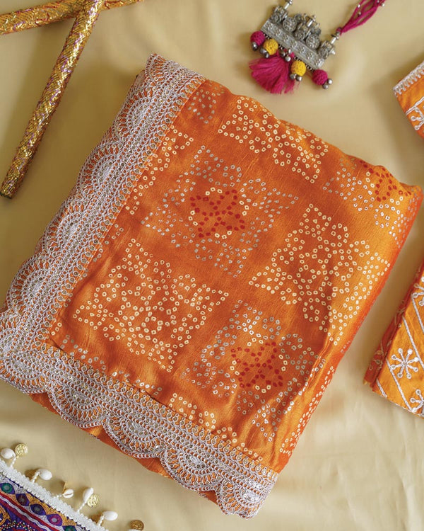 Persian Orange Designer Raw Silk Traditional Print Saree With Foil Print And Sequence Embroidery Work