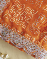 Persian Orange Designer Raw Silk Traditional Print Saree With Foil Print And Sequence Embroidery Work