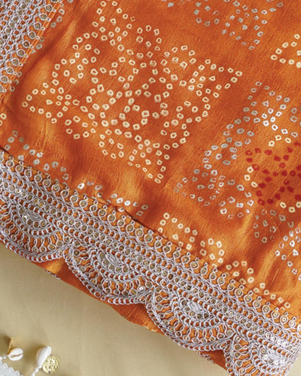 Persian Orange Designer Raw Silk Traditional Print Saree With Foil Print And Sequence Embroidery Work