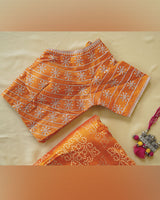 Persian Orange Designer Raw Silk Traditional Print Saree With Foil Print And Sequence Embroidery Work