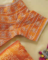 Persian Orange Designer Raw Silk Traditional Print Saree With Foil Print And Sequence Embroidery Work