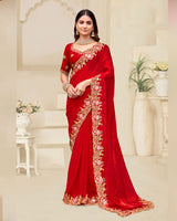 Venetian Red Designer Fancy Satin Saree With Embroidery Work And Cut Work Border